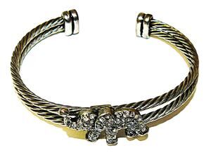 Vtg Rhinestone Pave Elephant Cable Cuff Bracelet Silver Tone Bangle Adj 7.25 in